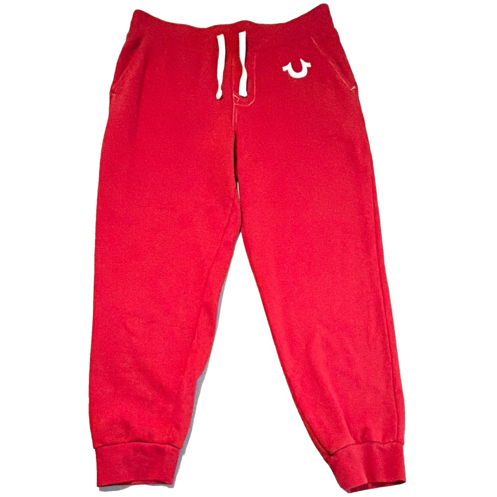 True Religion Men's Red Fleece Jogger Pants L Cotton Drawstring Pockets